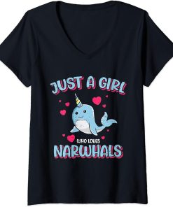 Womens Just A Girl Who Loves Narwhals - Orca Narwhal V-Neck T-Shirt