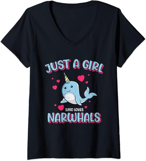 Womens Just A Girl Who Loves Narwhals - Orca Narwhal V-Neck T-Shirt